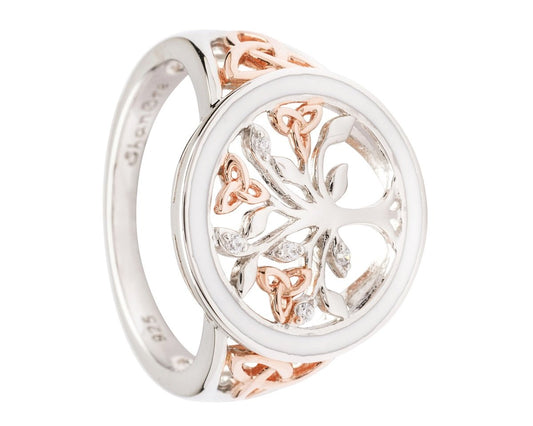 Sterling Silver Rose Gold CZ Enamel Tree of Life Ring