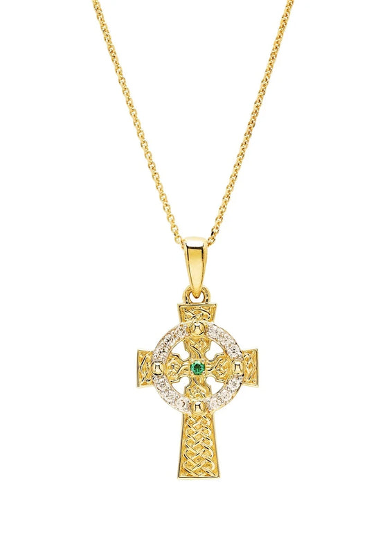 14kt Gold Lab Diamond and Emerald Stone Set Celtic Cross