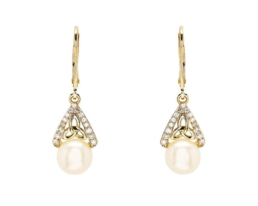 14K Gold Lab Diamond Freshwater Pearl Celtic Earrings