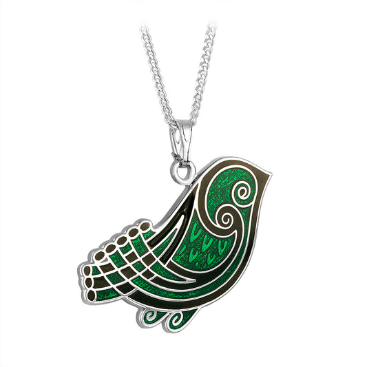 Rhodium Book of Kells Green Celtic Bird Necklace
