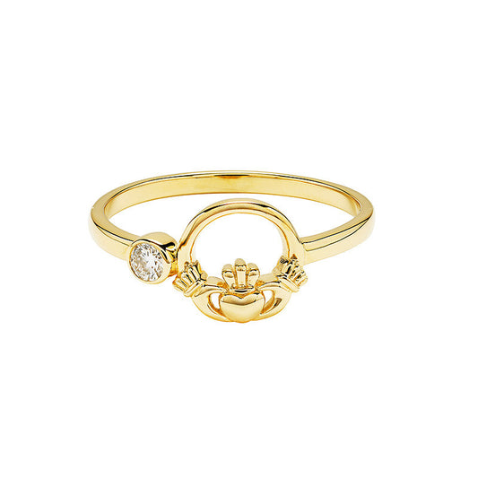 14K. Yellow Gold & Lab Diamond Bezel Claddagh Ring