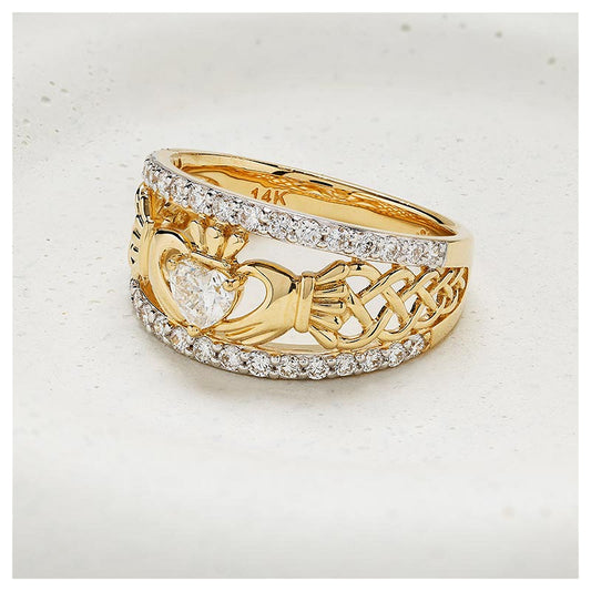 14K. Yellow Gold & Lab .82 Ct. Diamond Celtic Claddagh Ring