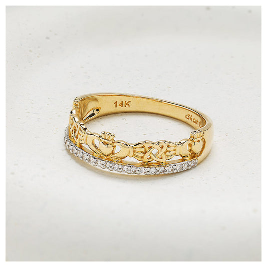 14K. Yellow Gold & Lab Diamond Celtic Claddagh Narrow Band