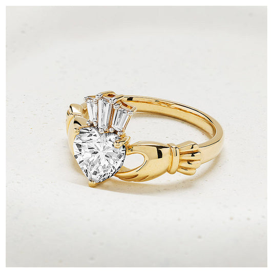 14K. Yellow Gold & Lab 1 Ct. Diamond Claddagh Ring
