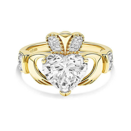 14K. Yellow Gold & Lab 2 Ct. Diamond Claddagh Ring