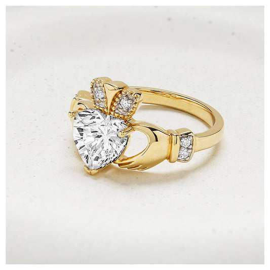 14K. Yellow Gold & Lab 2 Ct. Diamond Claddagh Ring