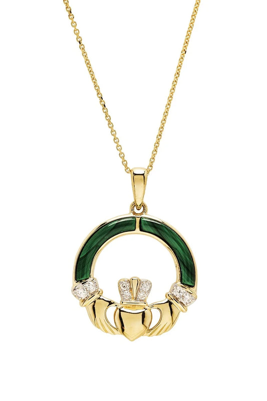 14kt Gold Lab Diamond Malachite Claddagh Necklace