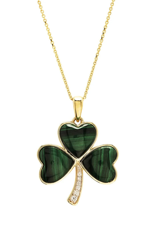 14kt Gold Lab Diamond and Malachite Shamrock Necklace