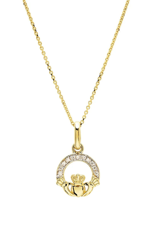 14kt Gold Lab Diamond Small Claddagh Necklace .05ct