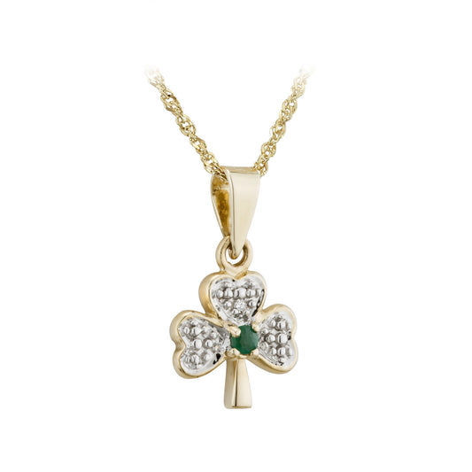 14K. YG Diamond Emerald Shamrock Necklace