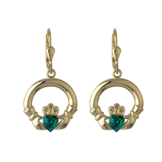 Gold Plated Green Claddagh Drop Earrings