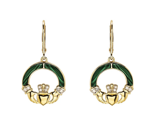 14K Gold Lab Diamond Claddagh Earrings with Malachite