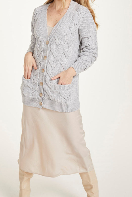 Aran Woollen Mills Ladies Long Chunky Button Cable V-Neck Cardigan