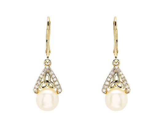 14K Gold Lab Diamond Freshwater Pearl Celtic Earrings
