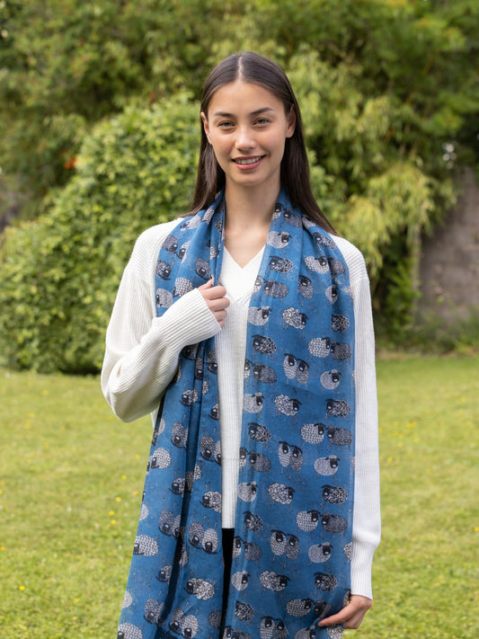 Erin Knitwear Sketched Sheep Scarf - Blue