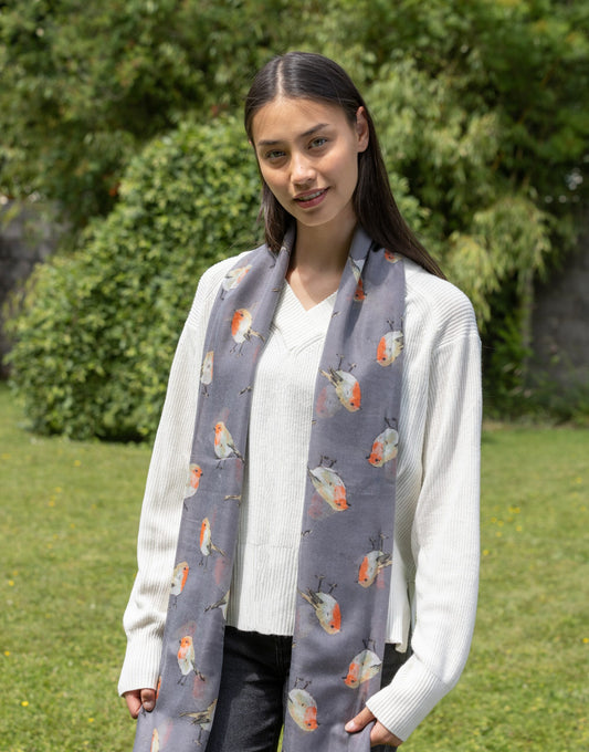 Watercolor Robin Scarf - Grey