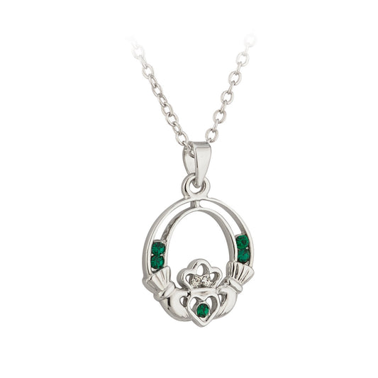 Rhodium Plated Green Claddagh Necklace