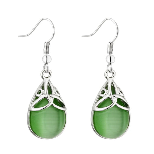 Solvar Rhodium Plated Green Cat Eye Trinity Drop Earrings