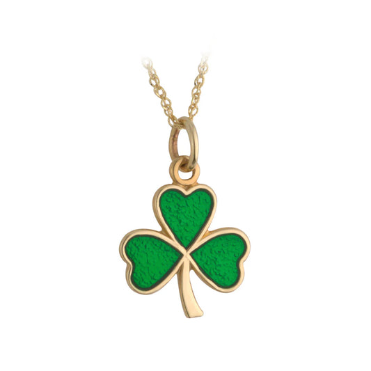 14K. Yellow Gold Green Enamel Shamrock Necklace