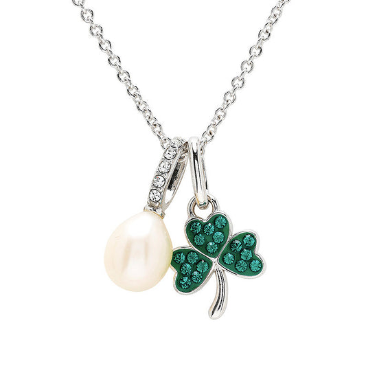 ShanOre SS Sterling Silver Pearl/Crystal Shamrock Necklace
