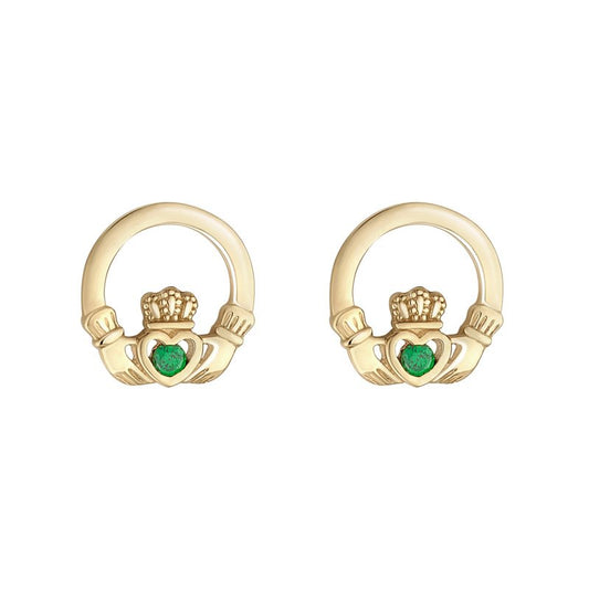 Solvar 10K. Gold & Green CZ Claddagh Post Earrings