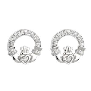Solvar 14K White Diamond Claddagh Earrings