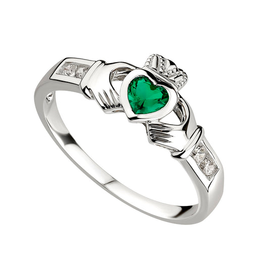 Solvar Ladies Sterling Silver & Green CZ Claddagh Dress Ring S2594