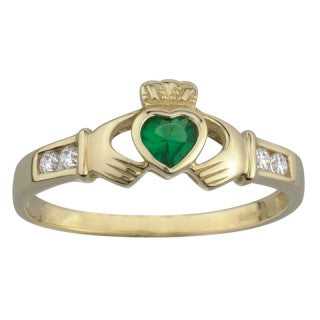 Solvar 10 Karat Gold Synthetic Emerald and Cubic Zirconia Claddagh Dress Ring