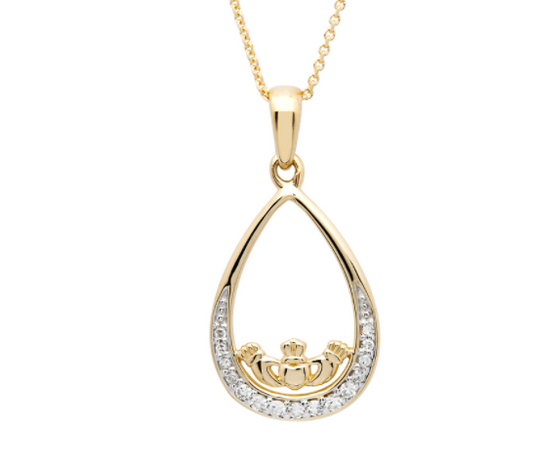 14K. Gold Teardrop Diamond Set Claddagh Pendant